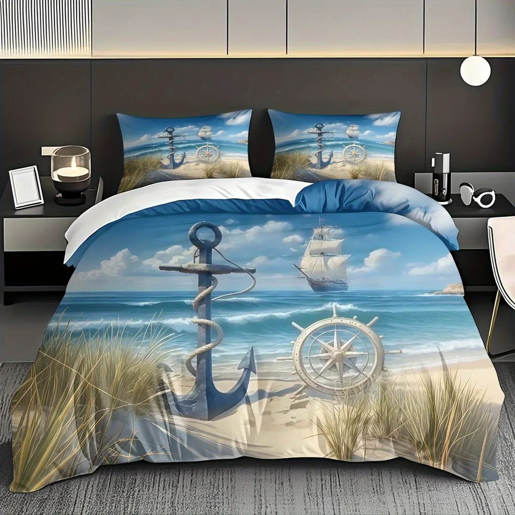 Nautical Ocean Beach Duvet Cover Set 3Pcs Anchor Ship Wheel Sailboat Printed Bedding Set Coastal Bedroom Decor Pillowcases