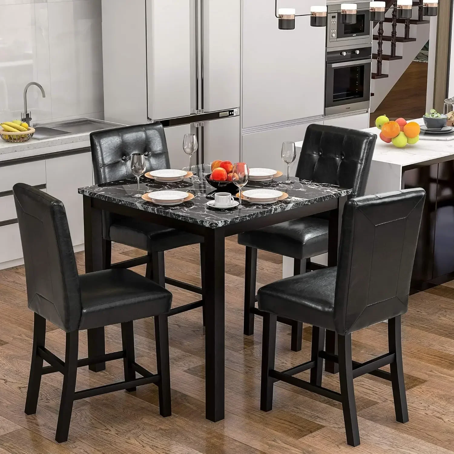 

5 Piece Kitchen Table Set, Faux Marble Veneer Wooden Top Counter Height Dining Set with 4 Leather-Upholstered Chairs