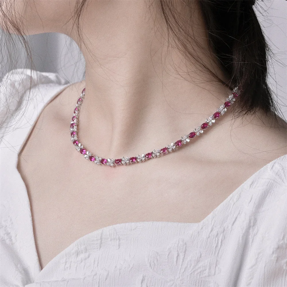 

S925 Silver Egg shaped 4 * 5 Ruby/Spinel 0.5ct Full Circle Diamond Set Versatile Clavicle Chain Necklace Wedding Jewelry