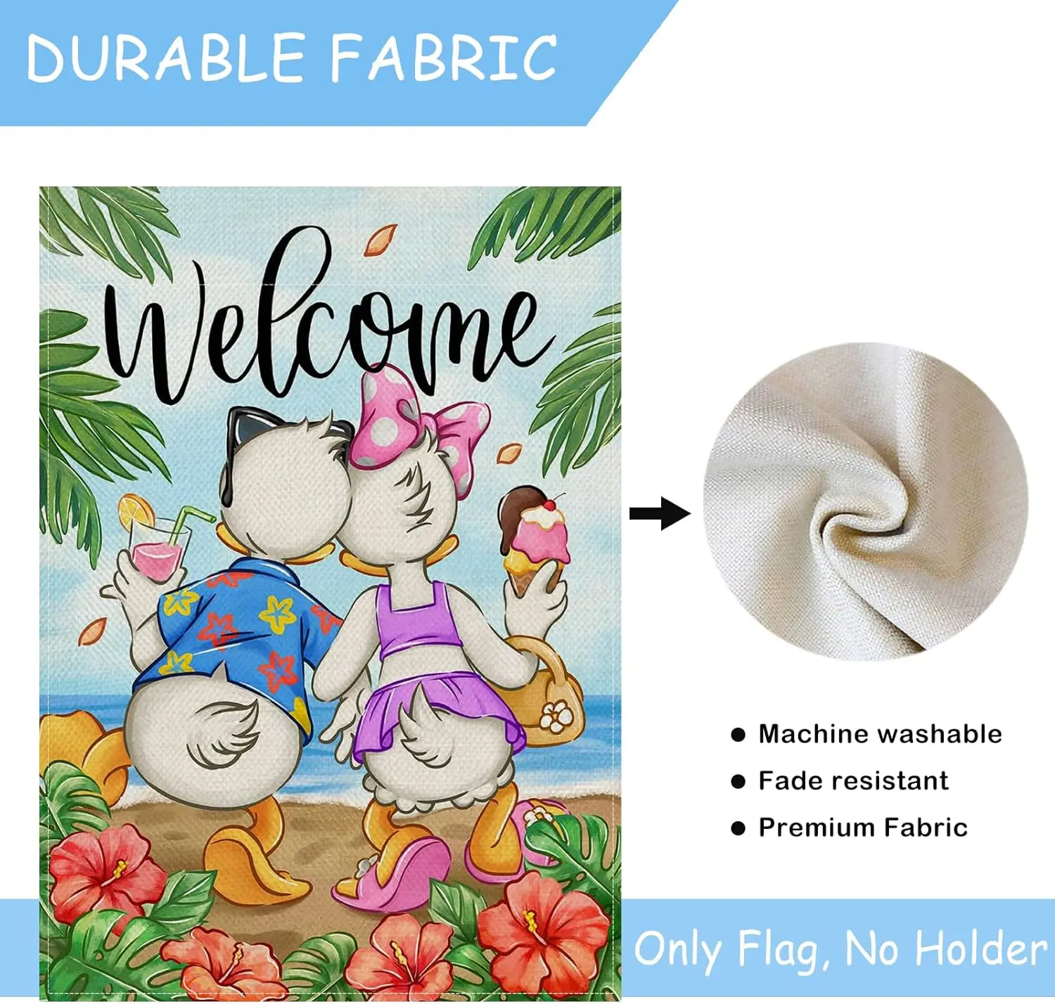 Selmad Welcome Summer Cartoon Duck Decorative Garden Flag, Beach Coastal Hibiscus Flower Tropical Home Yard Outdoor Decor, Hawai