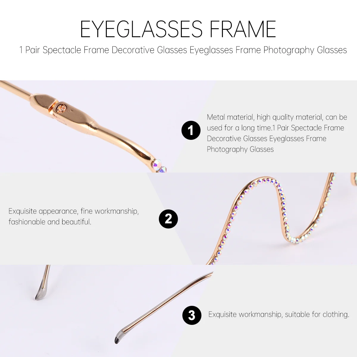 

Diamond Inlaid Frame Spectacle Frame for Men Women Metal Eyewear Spectacle Fashion Photography Prop Sunglasses Style