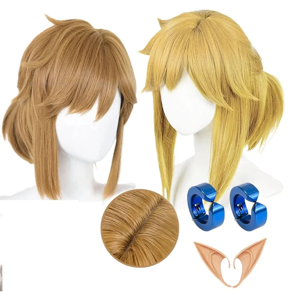 

2025 Link Cosplay Blonde Brown Wig Tears of the Kingdom Heat Resistant Synthetic Wigs for Halloween Party with Elf Ears Earrings