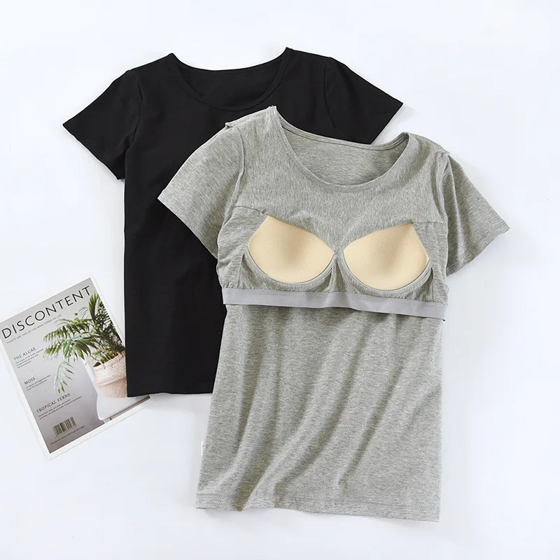 Women's T-Shirts with Padded Wireless Short Sleeve Casual Slim Stylish Round Neck Cotton Undershirts Female Tops C5618