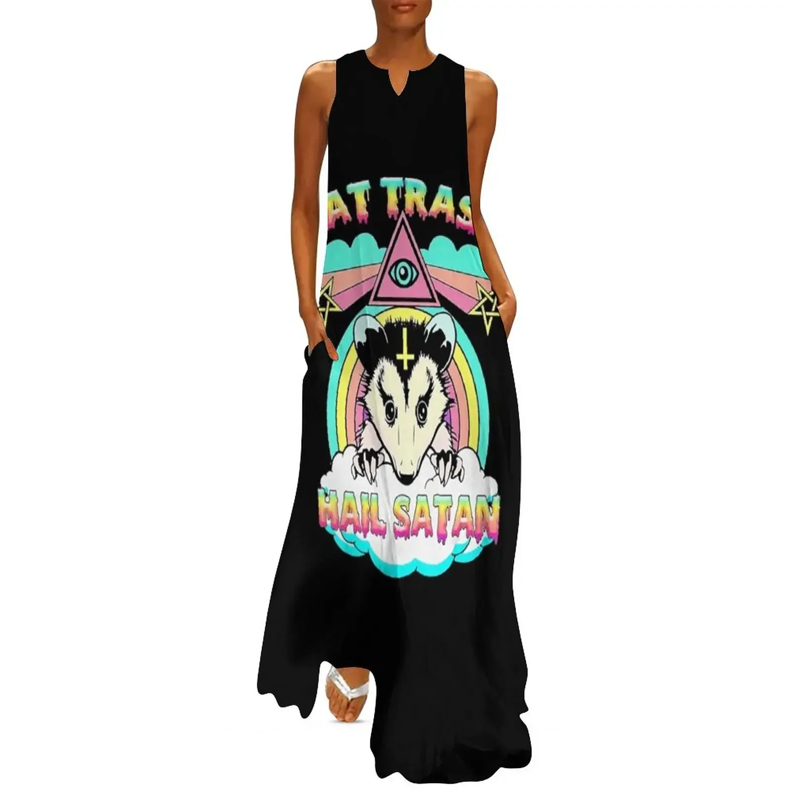 

Eat Trash Hail Satan Raccoon Pentagram Satanic Garbage Gang Long Dress summer women"s suit clothes