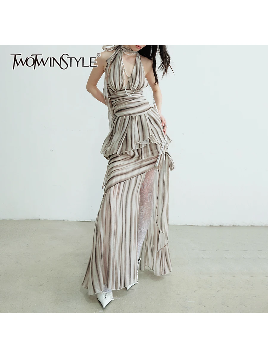 

TWOTWINSTYL Hit Color Two Piece Set For Women V Neck Sleeveless Top High Waist Paliced Lace Skirt Sets Female Fashion Clothes