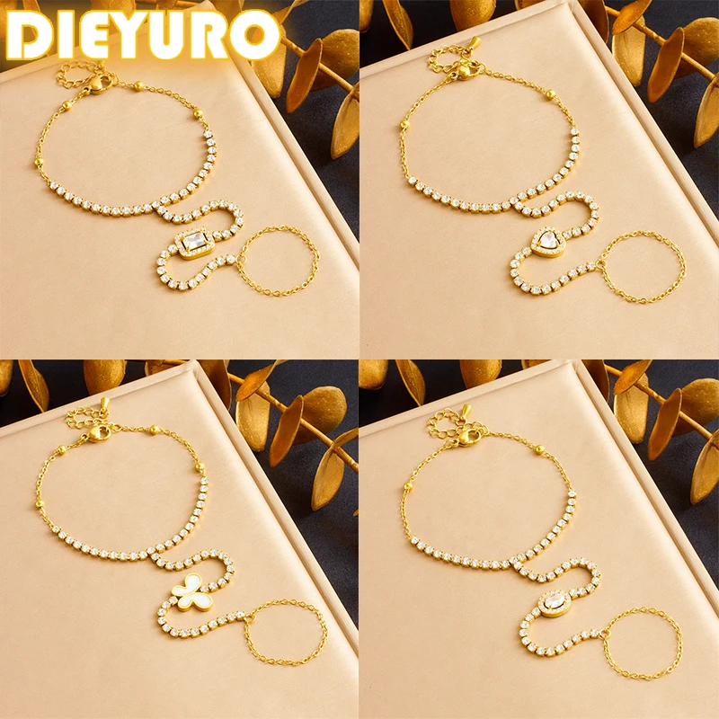 DIEYURO 316L Stainless Steell White Butterfly Heart Zircon Ring Joined Bracelet New Trend Concise Trend Hand Chain Jewelry Gift