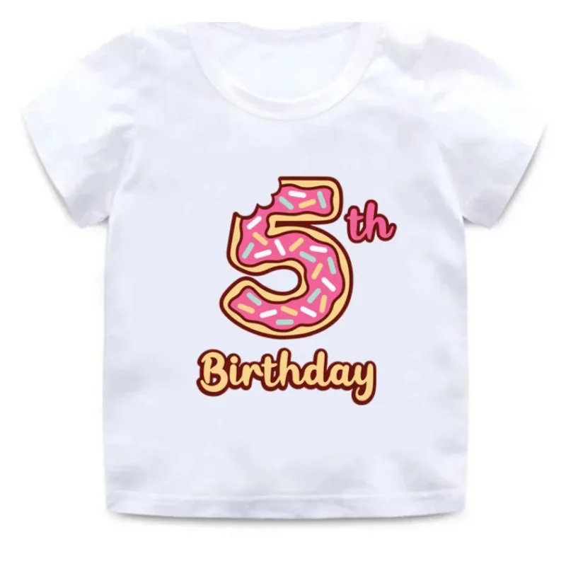 Cute Summer Donuts Print Girls Clothes 1 -9 Years Happy Birthday Number Bow Kids Short Sleeve T Shirt Tops