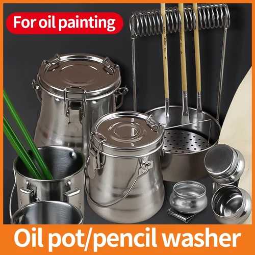 Imagen 1 del producto Pincel para pintura al óleo, cubo de lavado de acero inoxidable, cubo para lavar bolígrafos, dispositivo portátil sellado, soporte para bolígrafo de secado, suministro de arte para dibujar