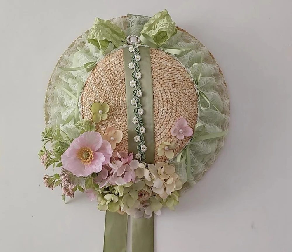 Vintage Victorian Headdress Flat Top Hat Ruffle Lace Lolita Straw Hat with Chin Strap Elegant Ribbon Flower Straw Hats