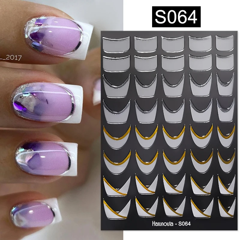 Harunouta French 3D Nail Stickers Laser Gold Silver Bronzing Geometric Lines Slider Design Abstract Autumn Nail Decal Manicure