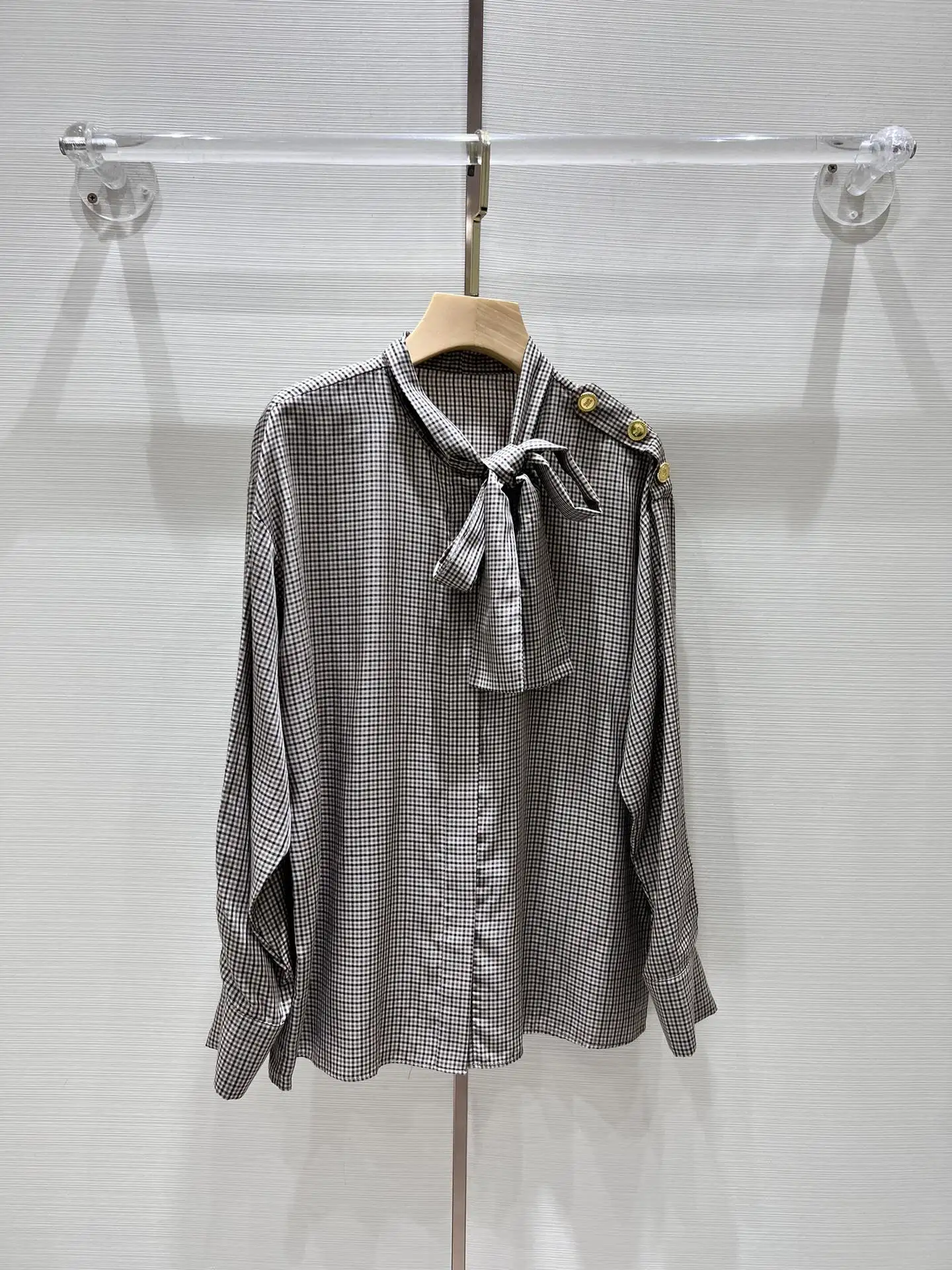 

EVACANDIS Women New Houndstooth Lace-up Bow Collar Long Sleeve Shirt High Quality Elegant Sweet Blouse Chic Vintage Luxury Tops