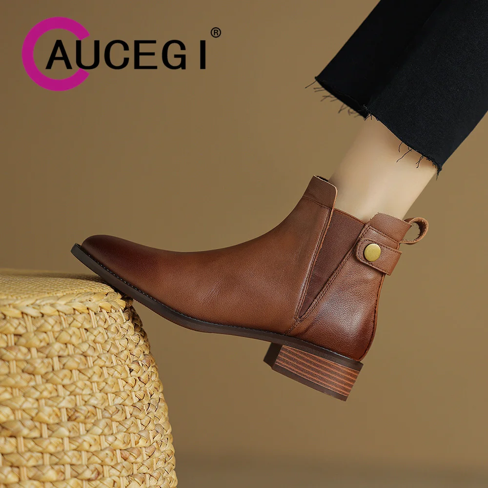 

Aucegi/женские ботильоны «Челси» из натуральной кожи в классическом стиле, осенне-зимняя повседневная обувь на толстом высоком каблуке с круглым носком