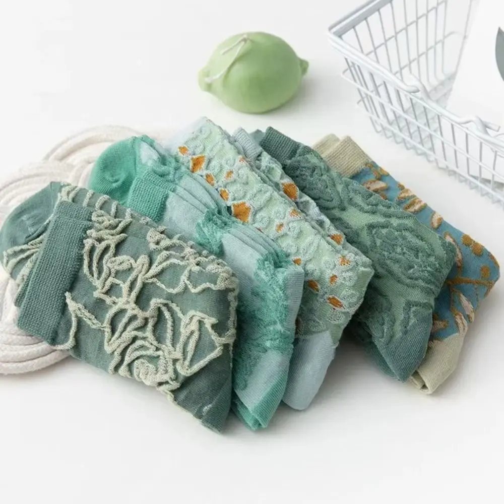 5 쌍 탄성 꽃 꽃 튜브 양말 복고풍 스타일 통기성 소녀 중반 종아리 양말 streetwear 양말 달콤한 양말 여성 소녀