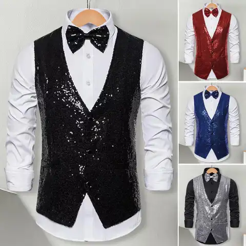 Men Waistcoat Stage Performance Compere Emcee Waistcoat Shiny Sequin Slim Fit V Neck Sleeveless Single-breasted Vest With Bow-kn