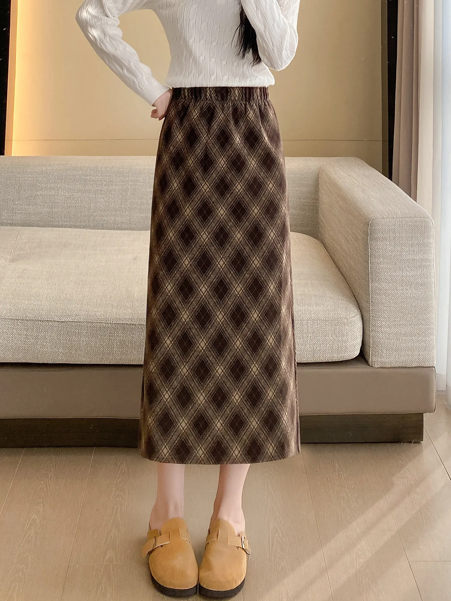 Women Fashion Long Plaid Woolen Skirts 2026 Winter Thick A-line Split Skirt Female Elastic Waist Warm One-step Skirts U548