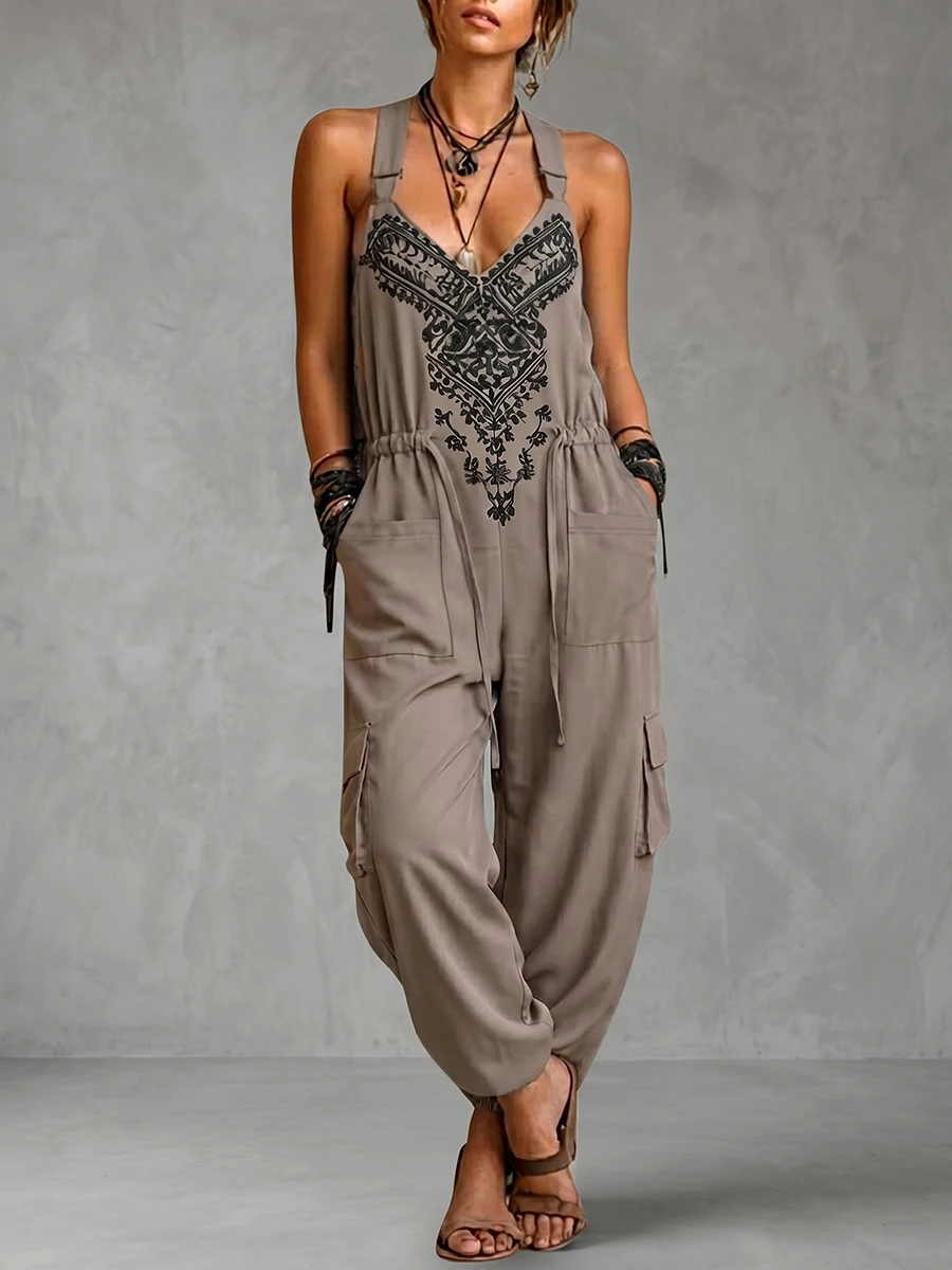 Women Boho Printed Halter Jumpsuit Sleeveless Drawstring Waist Multi Pocket Cargo Loose Summer Casual Outfits Women's Jumpsuit