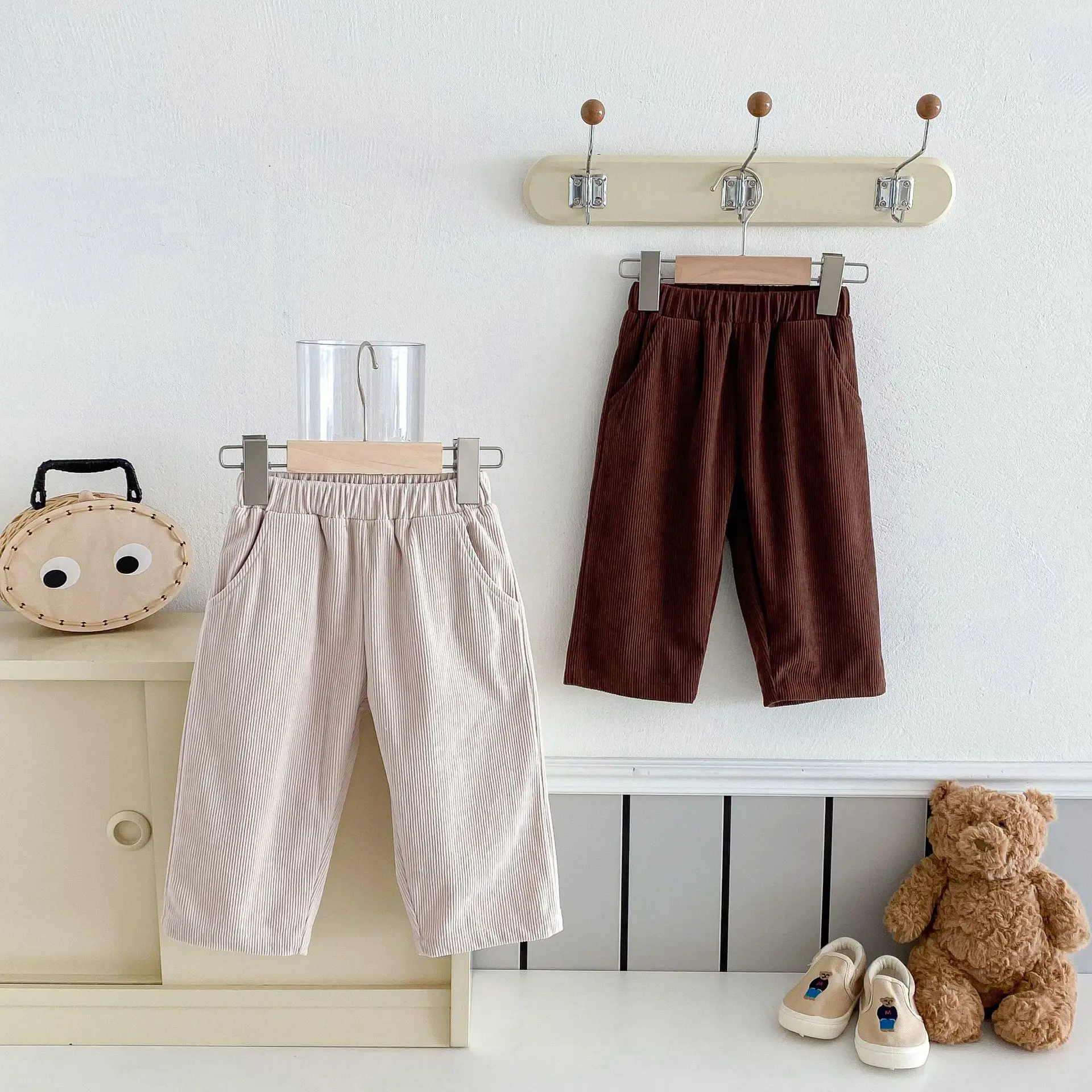 

Spring & Autumn Korean Style Kids' Solid Color Loose Fit Corduroy Pants Toddler Boys & Girls High Cotton Casual Long Trousers