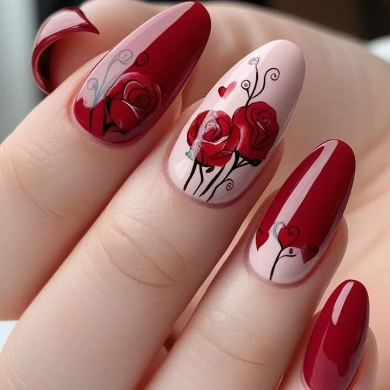 

24PCS Sweet Red Roses Patterns French False Nails with Glue Romantic Flower Heart Press on Fake Nails for Spice Girls Detachable