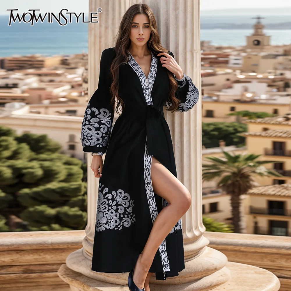 

TWOTWINSTYLE Split Loose Dresses For Women V Neck Long Sleeve High Waist Print Popular Vintage Style Maxi Dress Female KDR509397