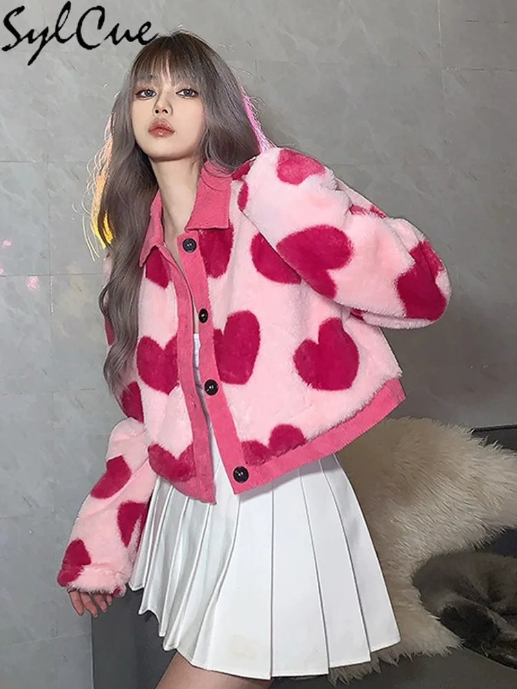 Sylcue Pink Girl Youth Cute All-Match Love Contrast Woolen Loose Comfortable And Supple Women's Short Top Coat Button