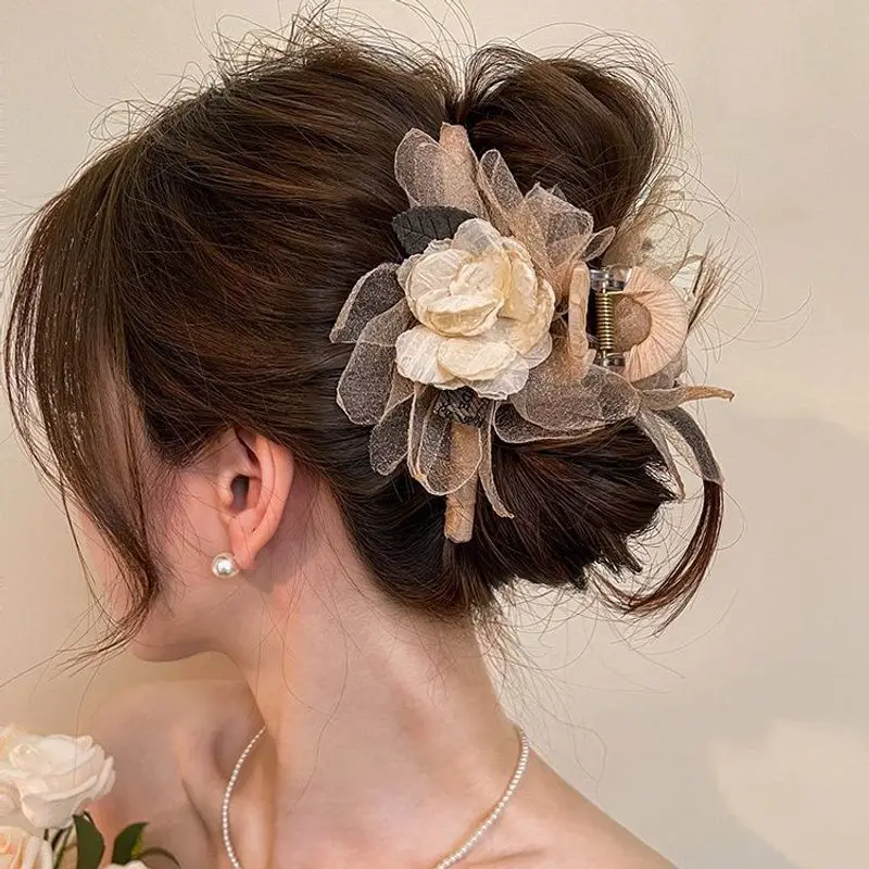 قطعة واحدة من شبكة الجنية الفائقة، بتلات الورد المجففة، مشبك شعر راقي، مشبك سمك القرش، مشبك شعر جديد وإكسسوارات #4