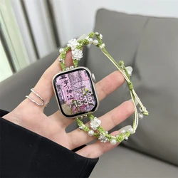 Ins Pearl Flowers Strap For Apple Watch Series 9 8 7 6 SE 4 5 45/44/42mm Woven Nylon Bracelet IWatch Ultra2 49mm 40mm 38mm Woman