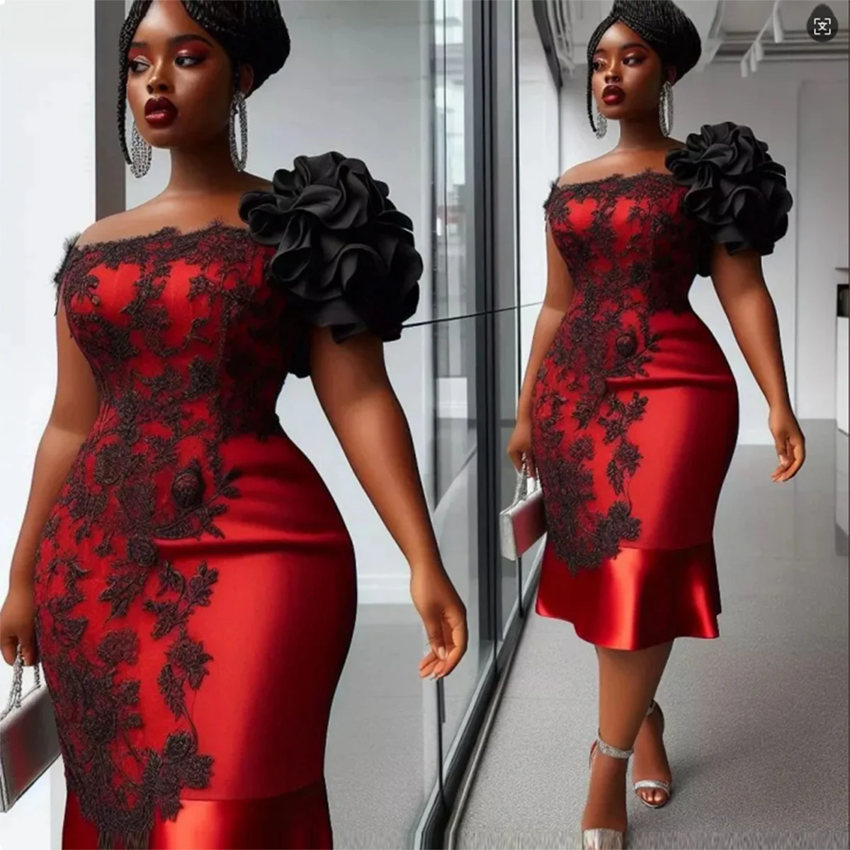 noir et rouge aso ebi robes de bal dentelle appliques volants sur l'épaule gaine robes de soirée grande taille femmes robe de soirée formelle