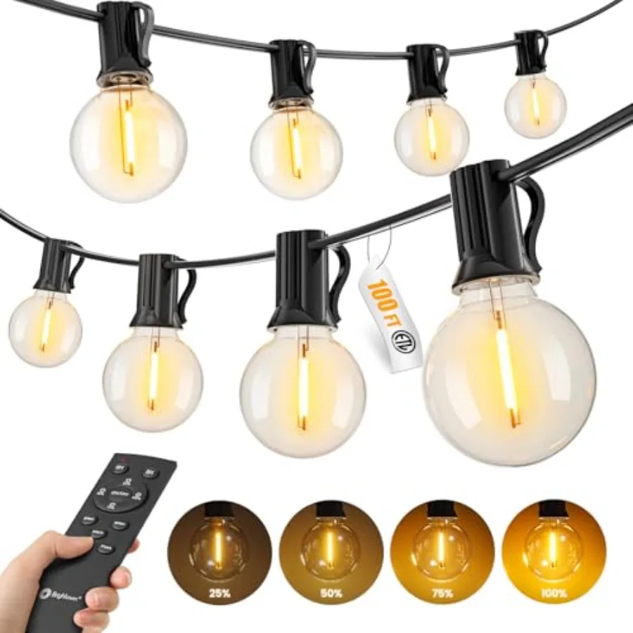 

Outdoor String Lights with Remote, 100Feet Outside Waterproof Light with Dimmable G40 LED Bulbs, Shatterproof Connectable Hangi