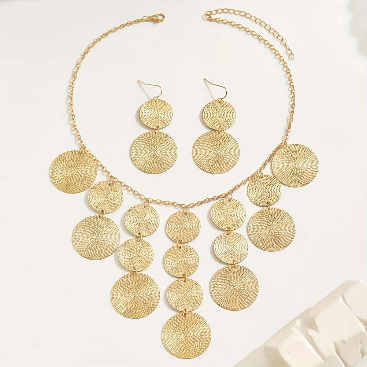 

Lxalry Platinum-Plated Layered Disc Jewelry Set, Handmade Textured Necklace & Earrings For Women, Boho Modern Accessories