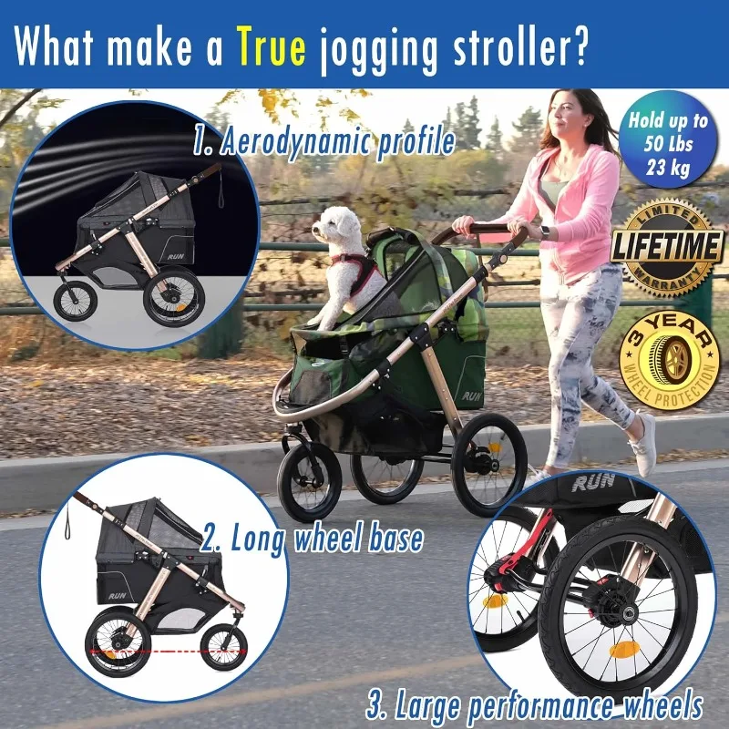 Jogging Sports Stroller with Comfort Rubber Wheels/Zipper-Less Entry/1-Hand Quick Fold/Aluminum Frame for Small/Medium Dogs