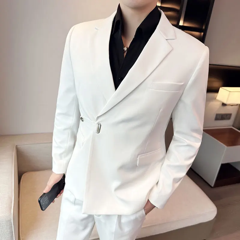 

Complete Elegant Mens Belted Blazer Costumes 2 Piece Set Stylish England Gentleman Prom Social Smoking Dress Jackets White Khaki