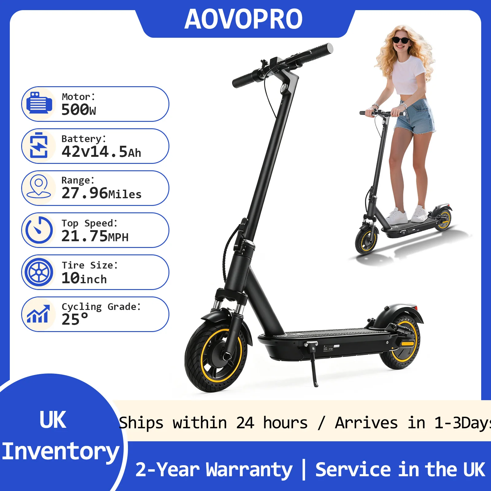 AOVOPRO Urban Commuter Foldable Electric Scooter for Adults, 500W, 42V 14.5Ah, LED Lights, Max Speed 35km/h, 45km Range