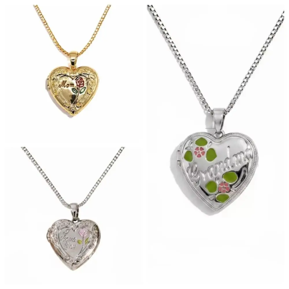 Heart Shaped Love Box Pendant Engraved Preserved Photo Locket Necklace Vintage Elliptical Pattern Rose Pendant Memory