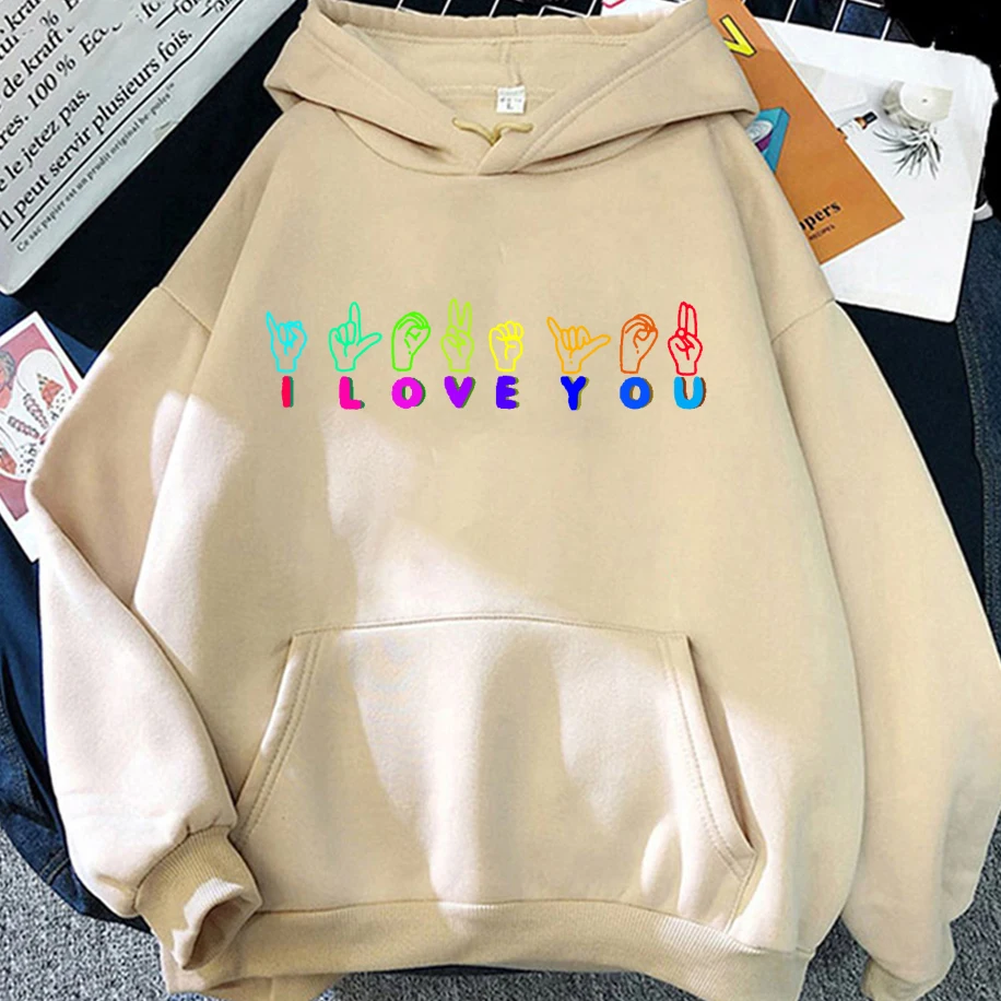 بارد ملون Je T'Aime لفتة مطبوعة الرجال النساء هوديي مضحك شخصية مصممة للجنسين أعلى فضفاض عارضة الهيب هوب البلوز #6