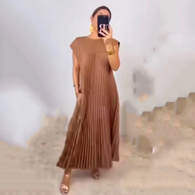 فستان نسائي بجيوب جانبية مزدوجة فستان نسائي صيفي بطيات متينة موضة مريحة كاجوال بأكمام طائرة للشارع