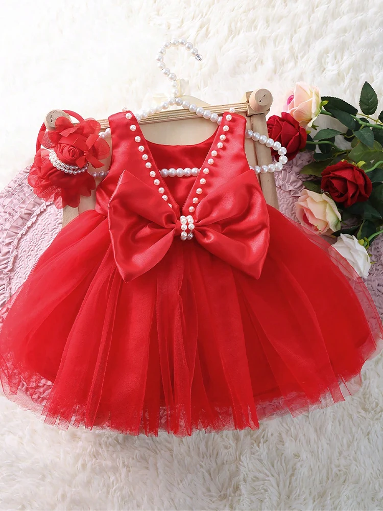 Ylsteed 2 Piece Set Newborn Baby Red Dress for Photoshooting Newborn Photography Props Infant Bow Pearl Dress with Rose Hairband