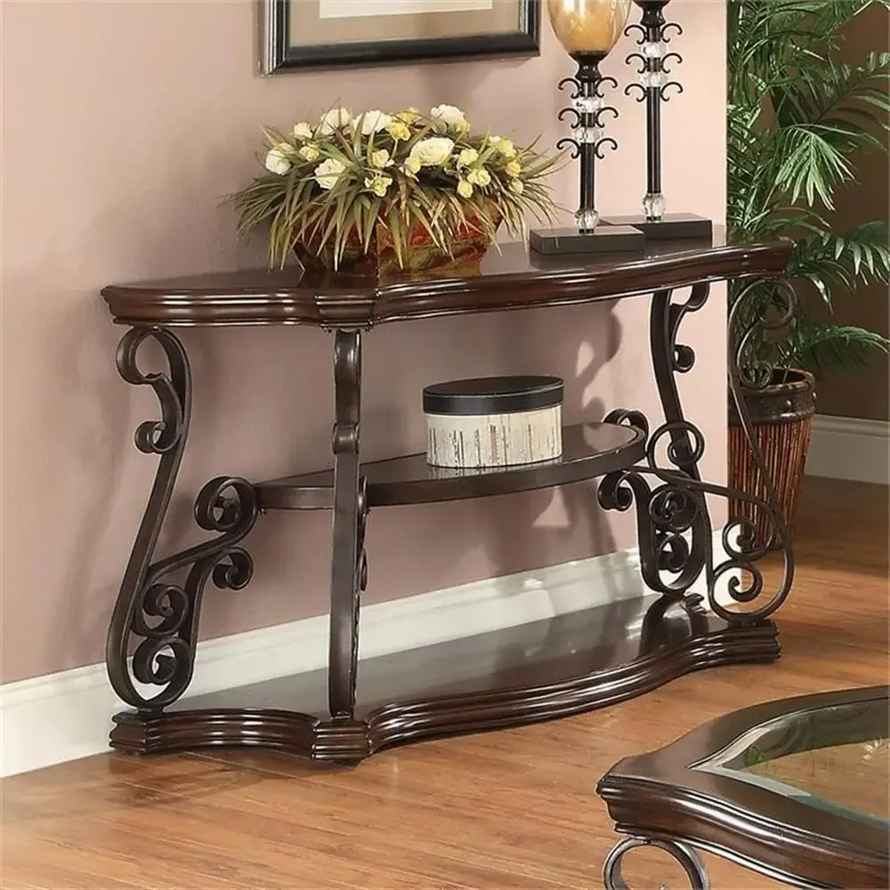 Ornate Sofa Table with Tempered Glass Top in Deep Merlot