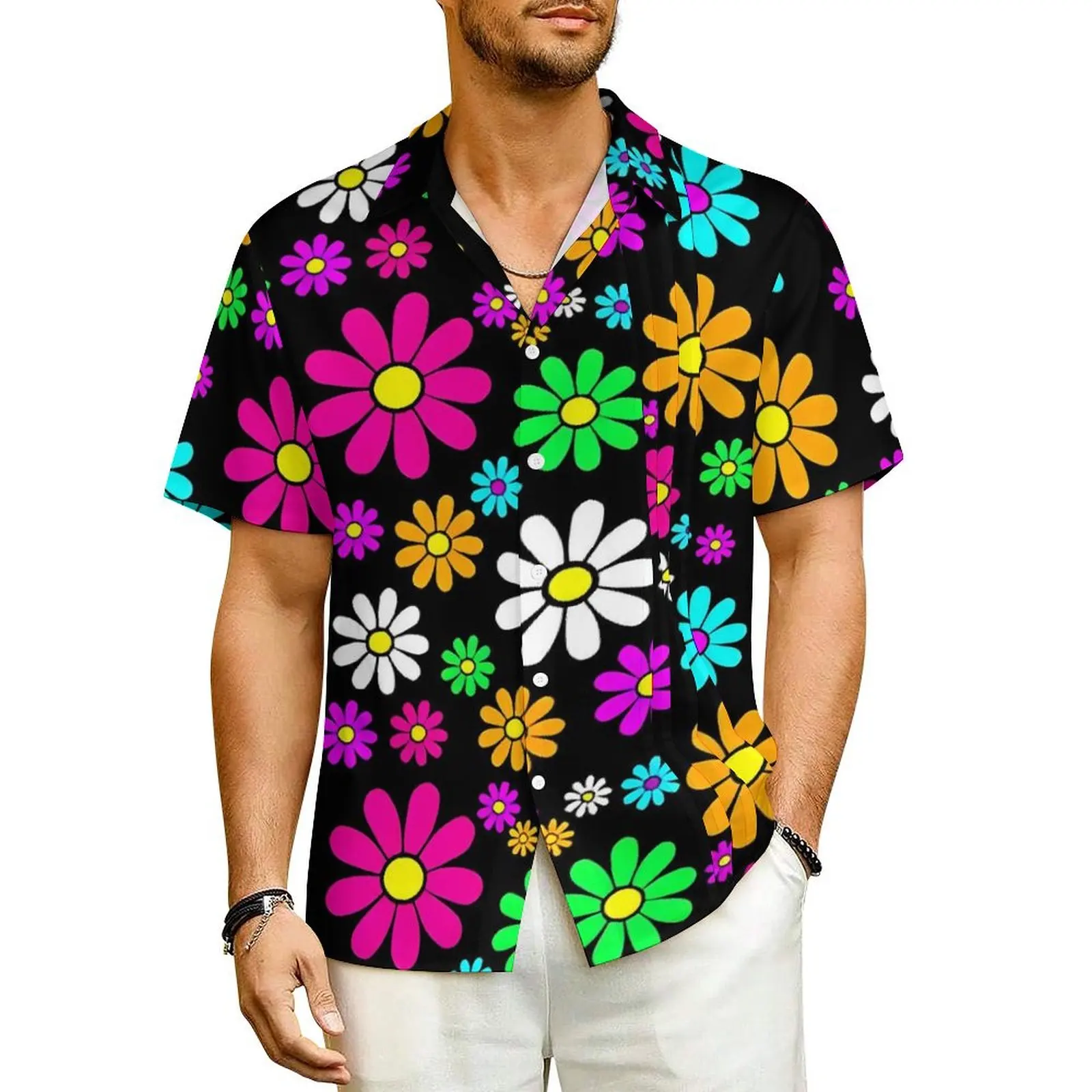 Flower Power Casual Shirt Hippie Groovy Daisies Elegant Hawaiian Shirts Man Short Sleeve Beach Street Style Oversized Blouses