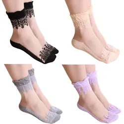 1 par de calcetines transpirables elásticos suaves de seda transparente con bordado de encaje ultrafino para primavera y verano para mujer