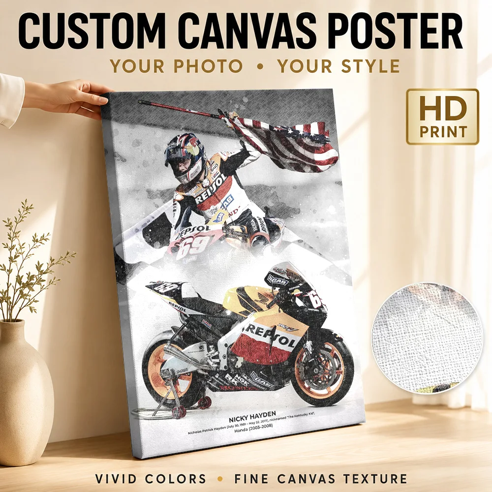 Nicky Hayden MotoGP Framed Canvas Poster Modern Motorsport Style Wall Decor With Personalized Photo For Garage Ideal Rider Gift