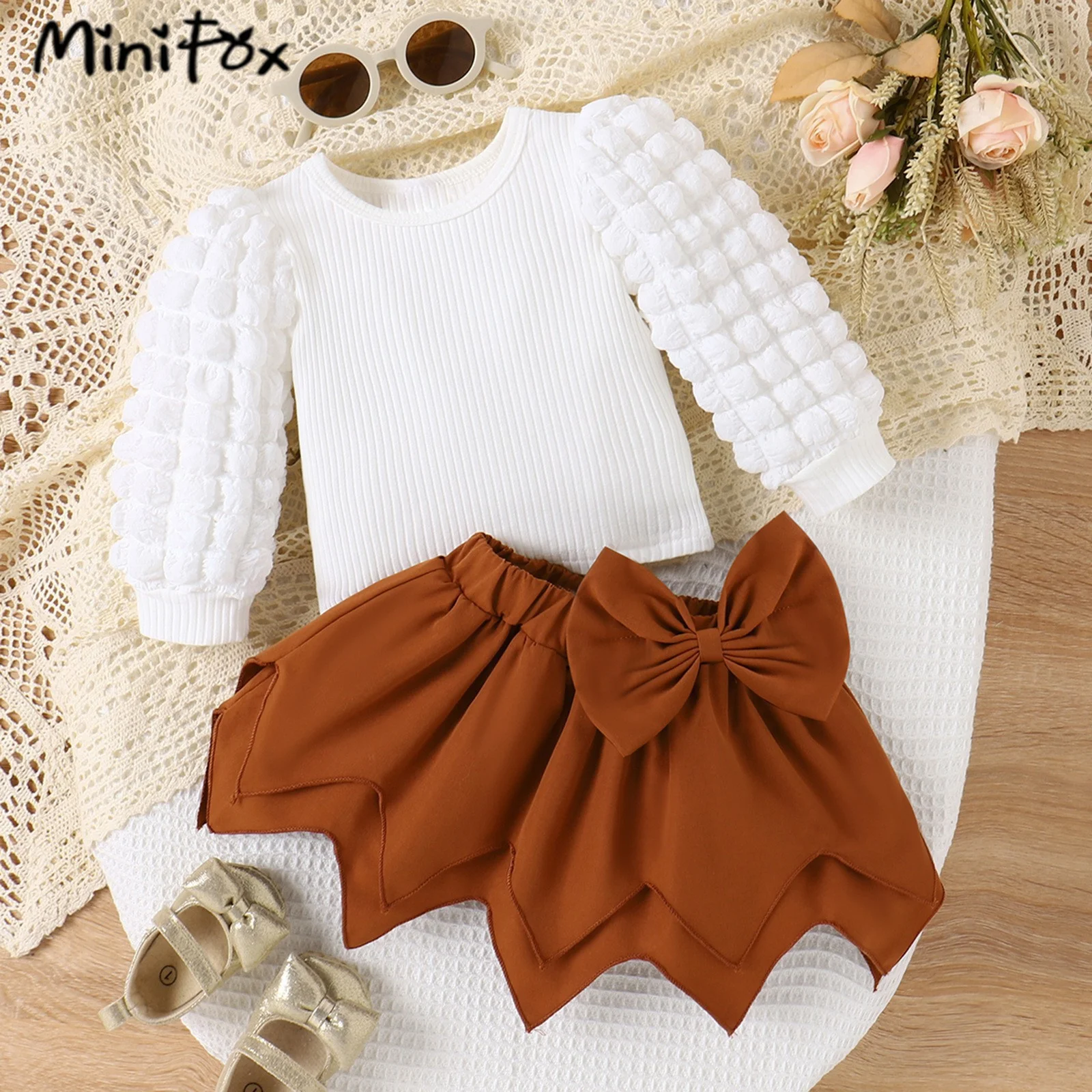 MiniFox Baby Girls Clothes Sets 2024 Puffy Sleeve White T-shirts and Bow Irregular Skirts 2pcs Sets For Kids Baby Girls Outfit