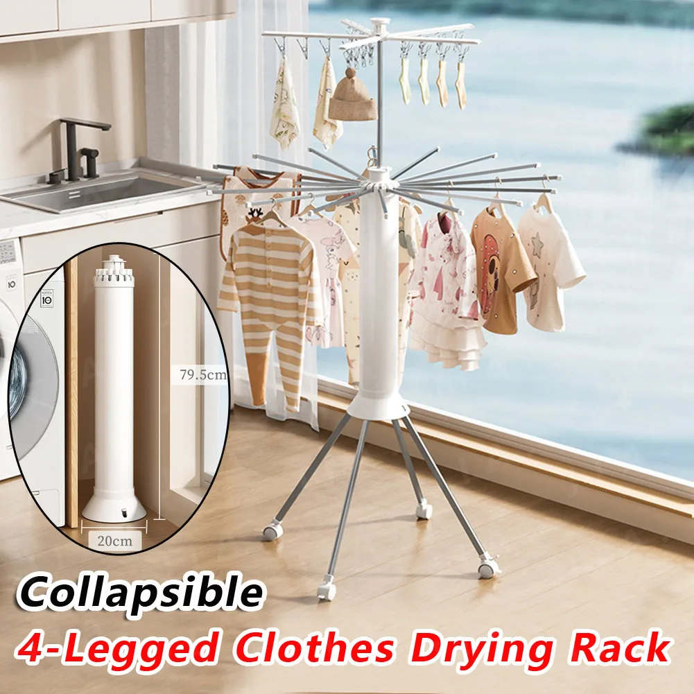 Collapsible 4-Legged Drying Rack Foldable Stable Drying Rack with Pulleys 360 Degree Rotatable Multifunctional Clothing Stand