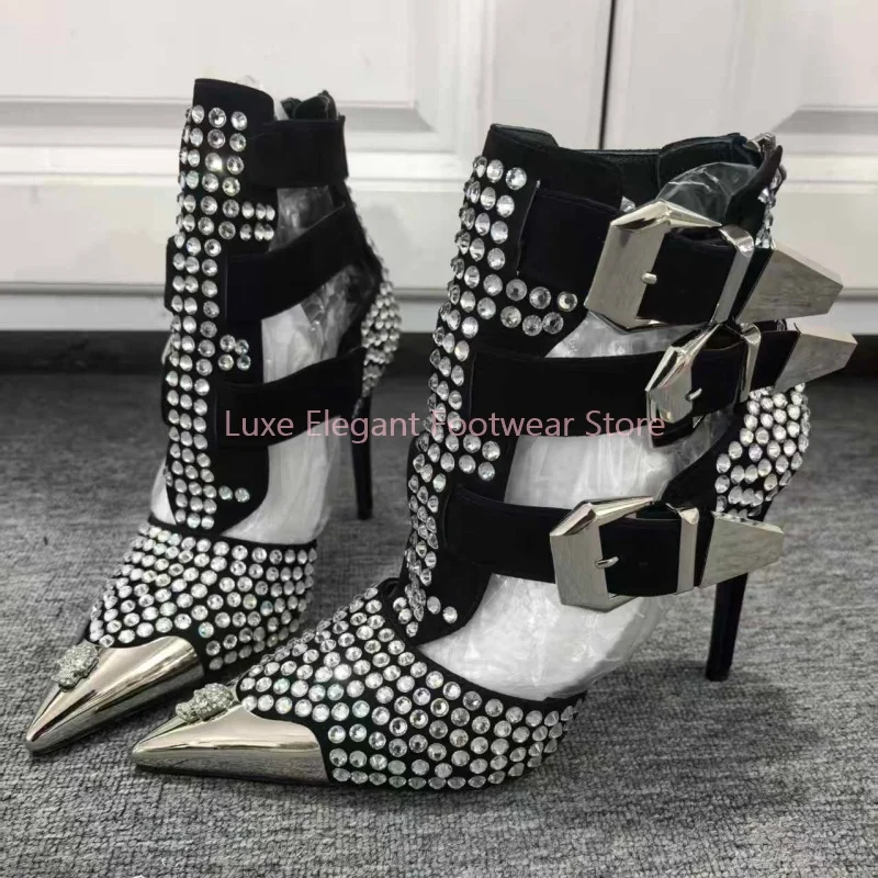 

Bling Crystal Silver Toe Pointed Stiletto Sandals Women Hollow Narrow Band Buckle Strap High Heels Sexy Party Back Zipper Pumps