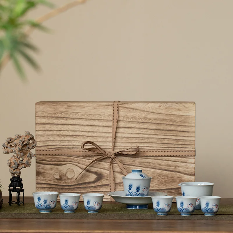 Hand-painted Kung Fu Tea Set Grass Ash Antique Household Tea Drinking Ceramic Tea Bowl Tea Cup Complete Tea Set Gift