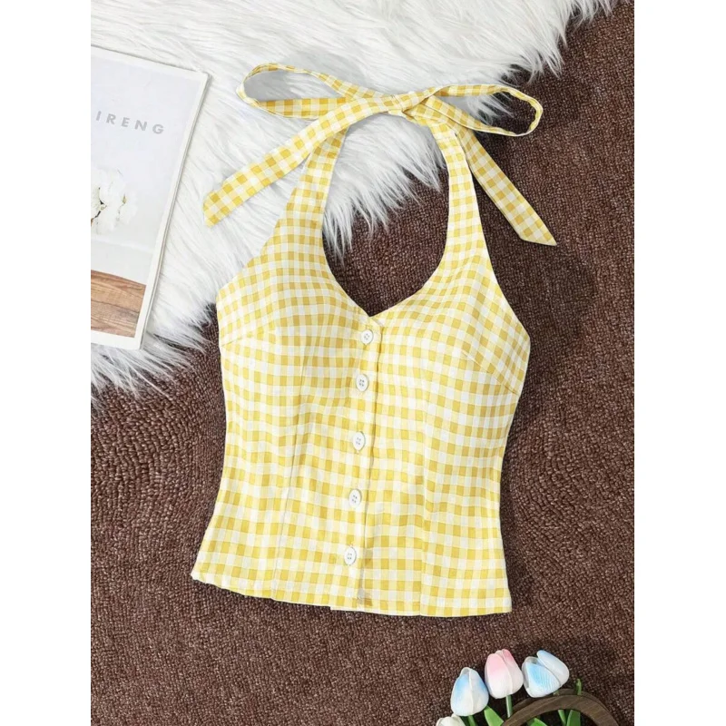 Women Summer Sweet Yellow Plaid Lace-up Slim Fit Halter Top V-neck Front Botton Elastic Back Sexy Backless Casual Top