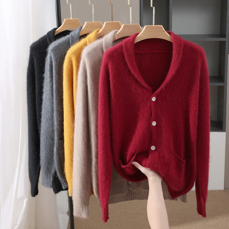 Mink Cashmere Cardigans Men's Knitted Sweater Tthicken Long Sleeves Jacket Autumn Winter Lapel Casual Warm Fashion Male Clothes