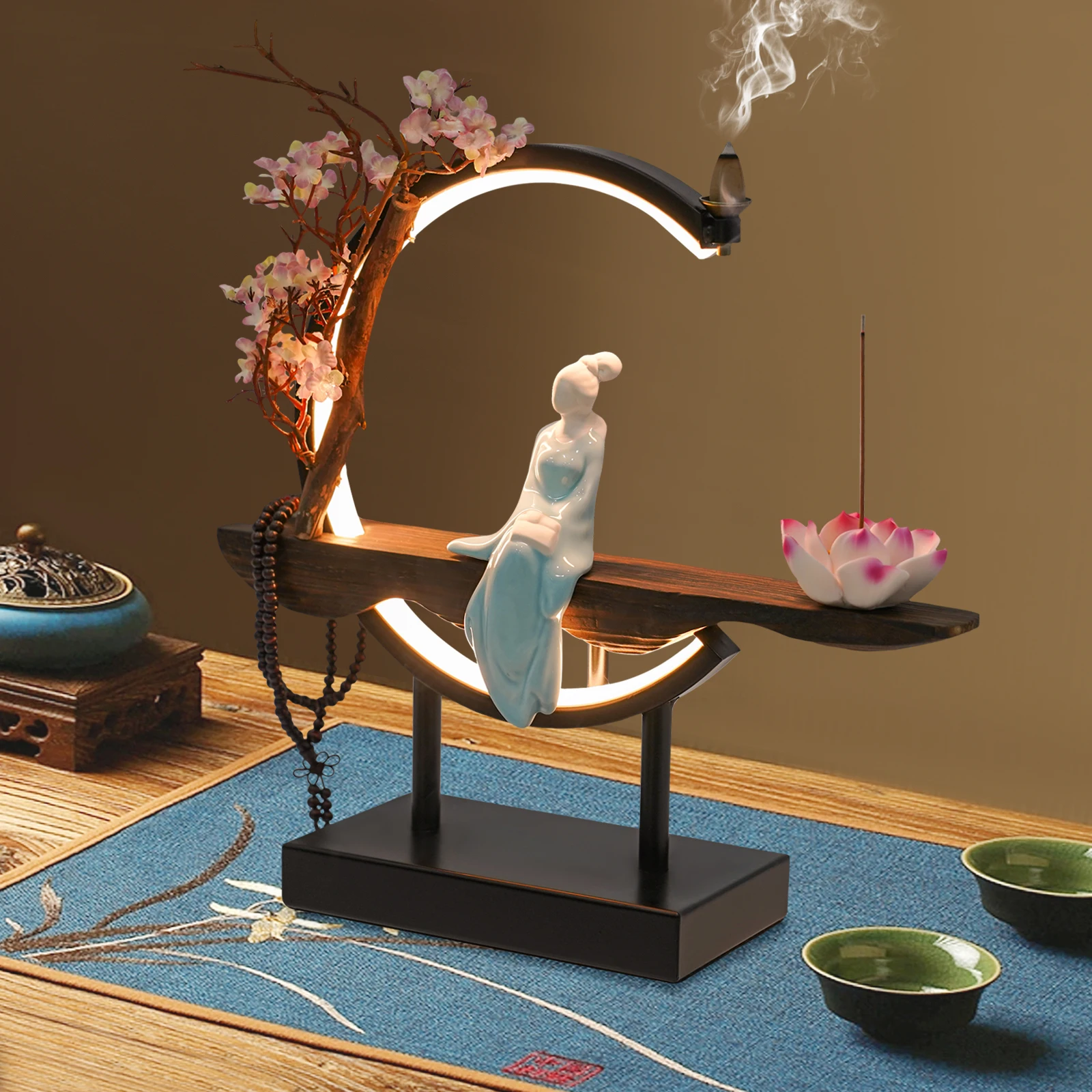 Retro Backflow Incense Burner Incense Cone Sticks Holder Porcelain w/LED Light Aromatherapy for Home Office Decor Good Gift