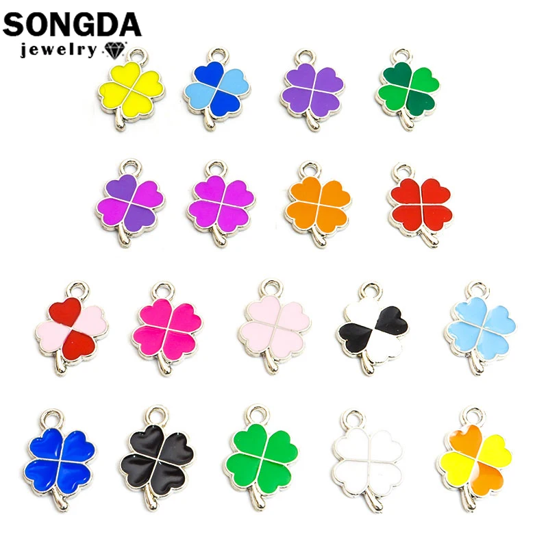 Lucky Four Leaf Clover Charms Silver Color Enamel Pendant DIY Making Necklace Earring Handmade Finding Jewelry Craft Accessories