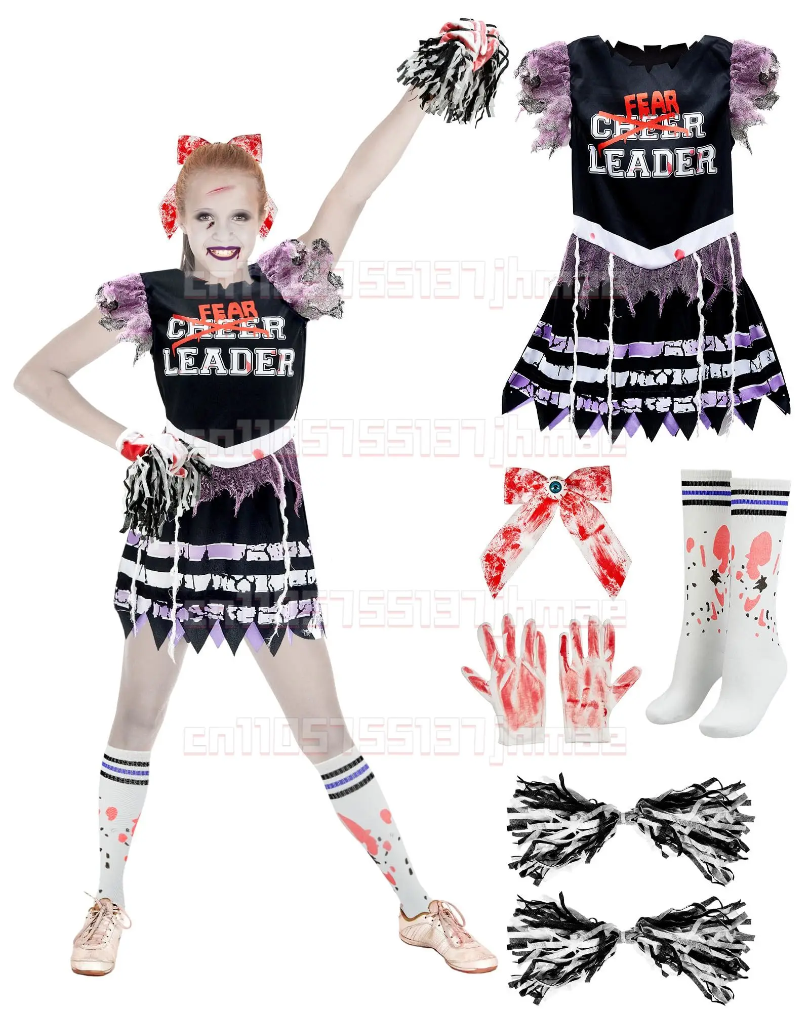 

‌Halloween Cheerleader Costume Scary Blood Stains Outfit Kids Safe Performance Wear Creepy Dance Party Uniform