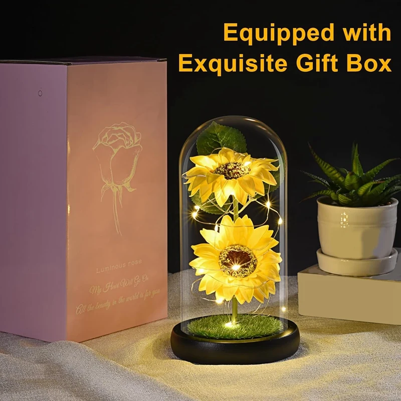 Подсолнухи навсегда для женщин, искусственные Подсолнухи в стеклянном куполе со светодиодной лентой, день рождения, День матери, подарок на день Святого Валентина